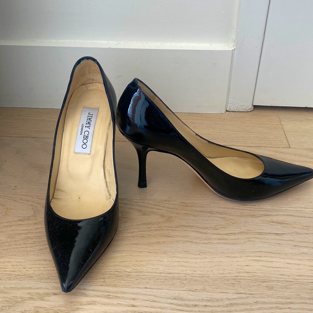 Classic Jimmy Choo black patent leather heel